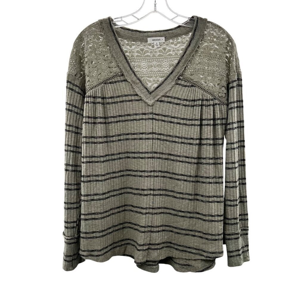 Eyeshadow Women's Striped V-Neck Sweater Lace Shoulder Size Small